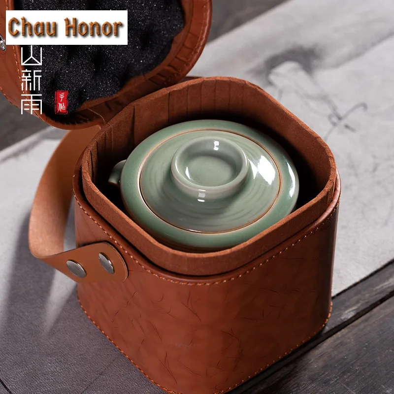 Handmade Longquan Celadon Travel Tea Set Kit Ancient 1 Pot 2 Cups Tea Maker Organizer Portable Picnic Handbag Kung Fu Tea Set