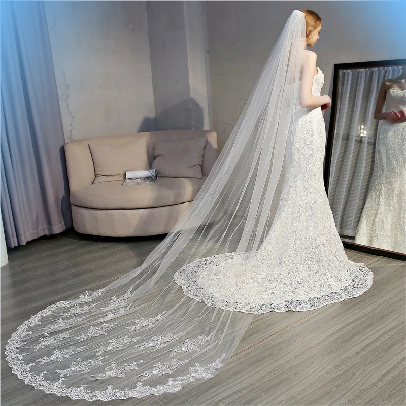 Super Hot in US 1 Tier Appliqued Velo De Novia Long Wedding Veil 2023 3 Meters Snow White Ivory with Comb Voile De La Mariee new real photo 4 meters long voile mariage lace wedding veil tulle bridal veils with comb bride wedding accessories veu de noiva