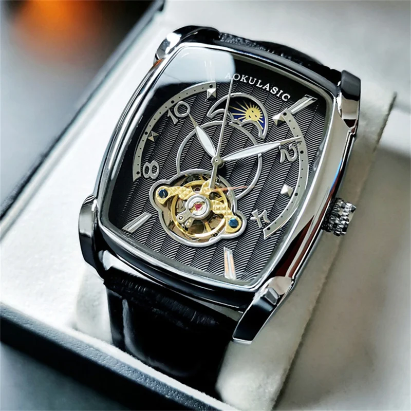 Mechanical Watch AOKULASIC Men Wristwatch Automatic Mechanical Military Sport Original Male Clock Skeleton Hollow Watch Gift 547