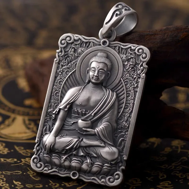 Vintage Silver Plated Buddha Necklace Men's Punk Style Pendant Hip Hop Accessories Personality Jewelry Gift