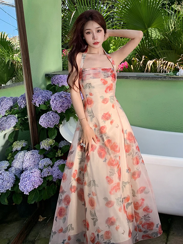 

Summer new women's Bohemian travel beach holiday seaside printed flowers hanging neck suspender long dress