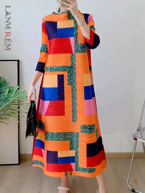 LANMREM Contrast Color Printing Pleated Dress Women Fashion Round Neck Long Sleeves Dresses Party 2024 Spring New 2AA1751