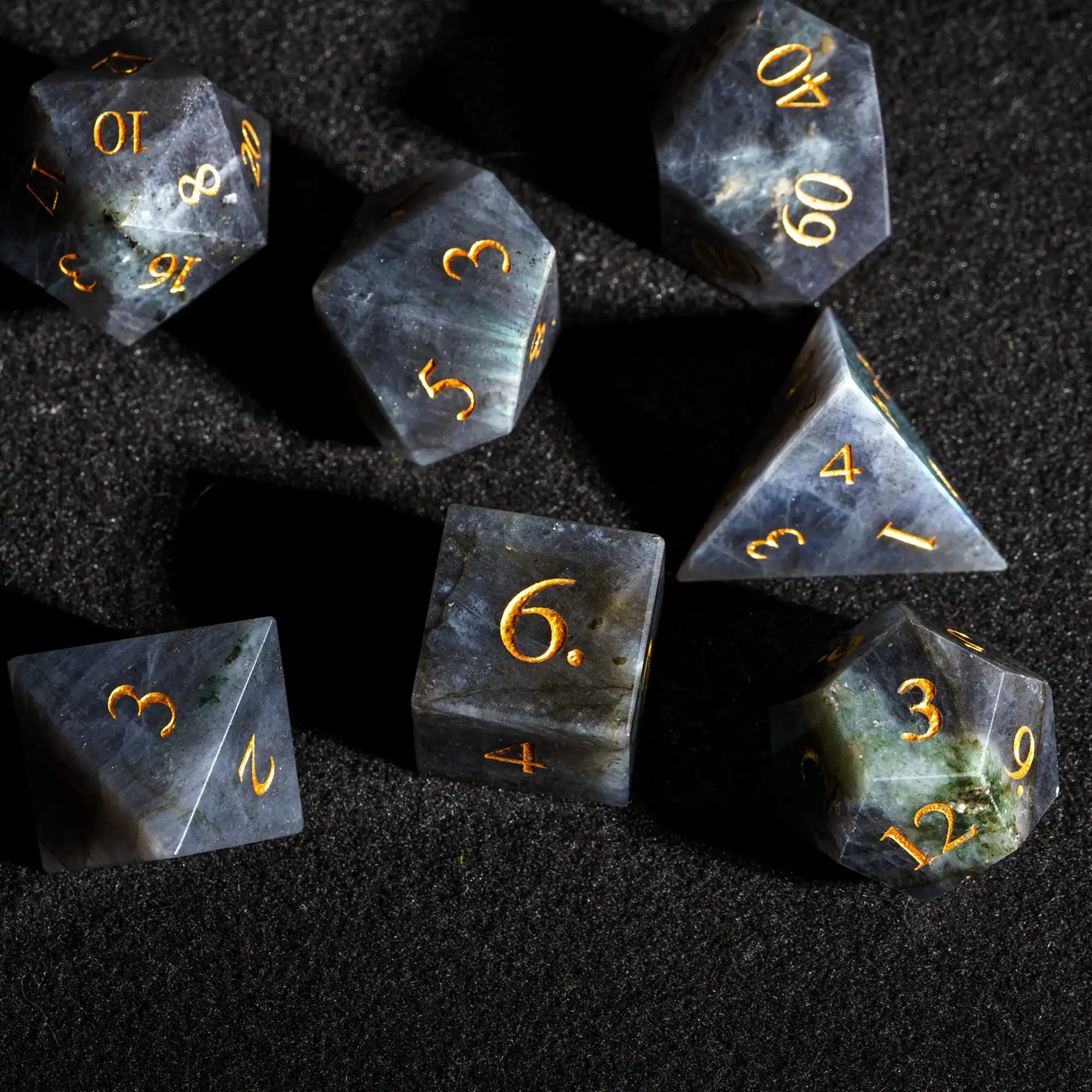 Cusdie 7Pcs Handmade Sun Stone Dice 16mm Polyhedral Dice Set with Leather box Gemstone Dices for Collection-Labradorite