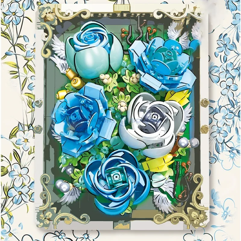 Blue Rose 3D Eternal Flower Building Blocks Moc Jj9029 Idee Pianta Artistica Photo Frame Model Bricks House Ornament Toy Kit Regalo