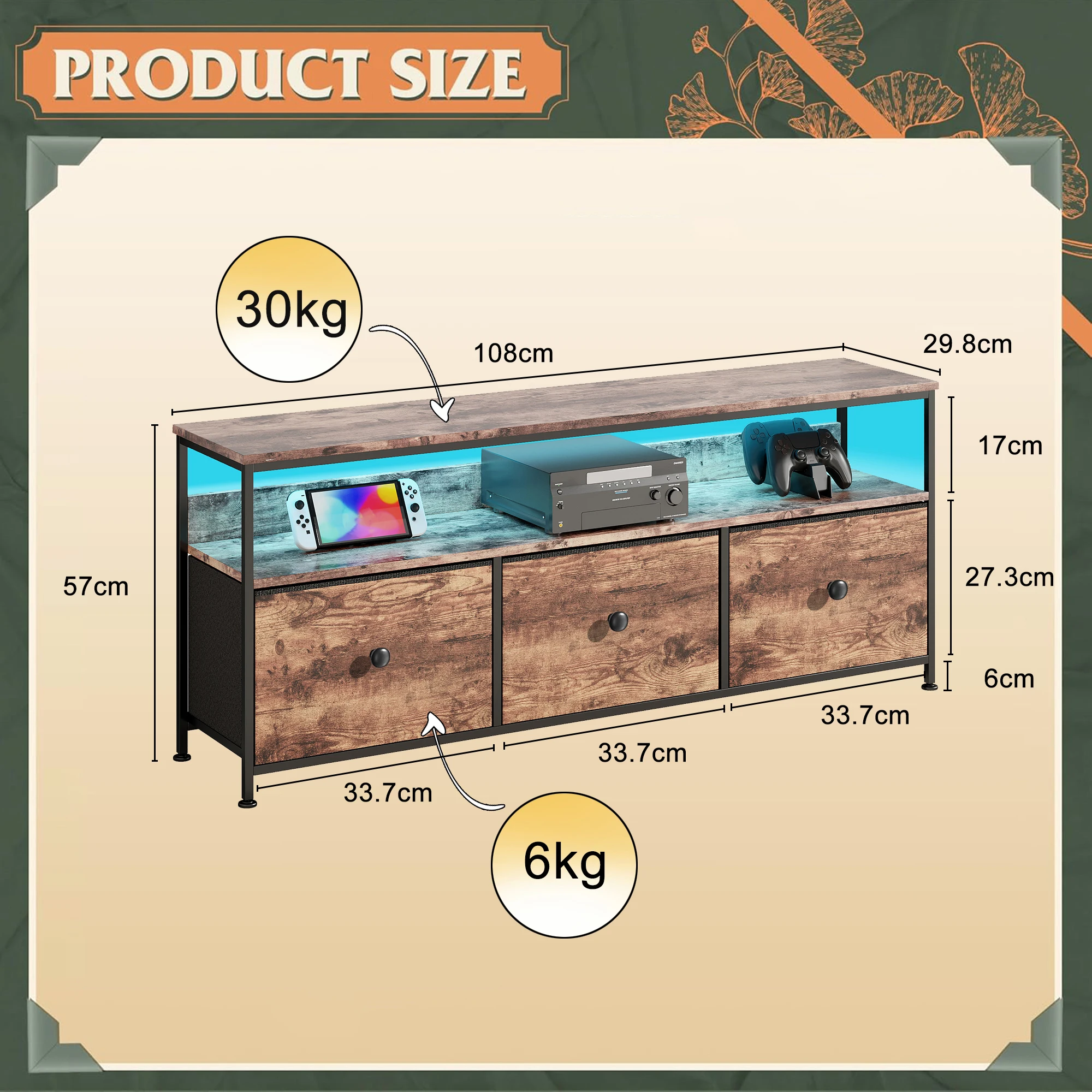 Lazyspace 108 cm TV-Schrank mit LED-Licht und 3 Schubladen, TV-Ständer mit Stoffschubladen, Muebles De Salon für Wohnzimmer – Detail 2