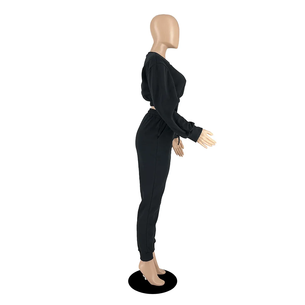 Pencil Pants & Crop Top Set Woman Jogging Suit Winter Solid Color Round Crew Neck Two-Piece Set Sweat Shirt And Pants Women