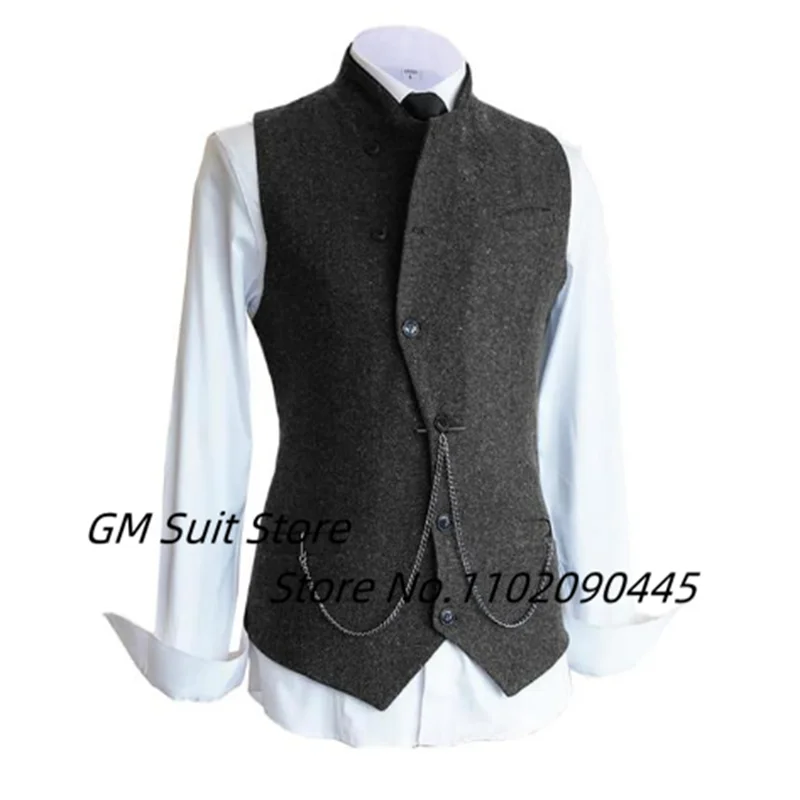 Men's Suit Vest Casual Slim Fit Wool Tweed Stand Collar Business Herringbone Single Breasted Groomsman Jacket Wedding Party