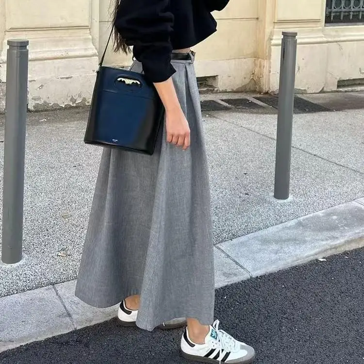 Faionable High Waist Pleated Maxi Skirt Pure Color A-Line Midi Skirt Commute Sle Loose Fit Spring Season Long Skirt