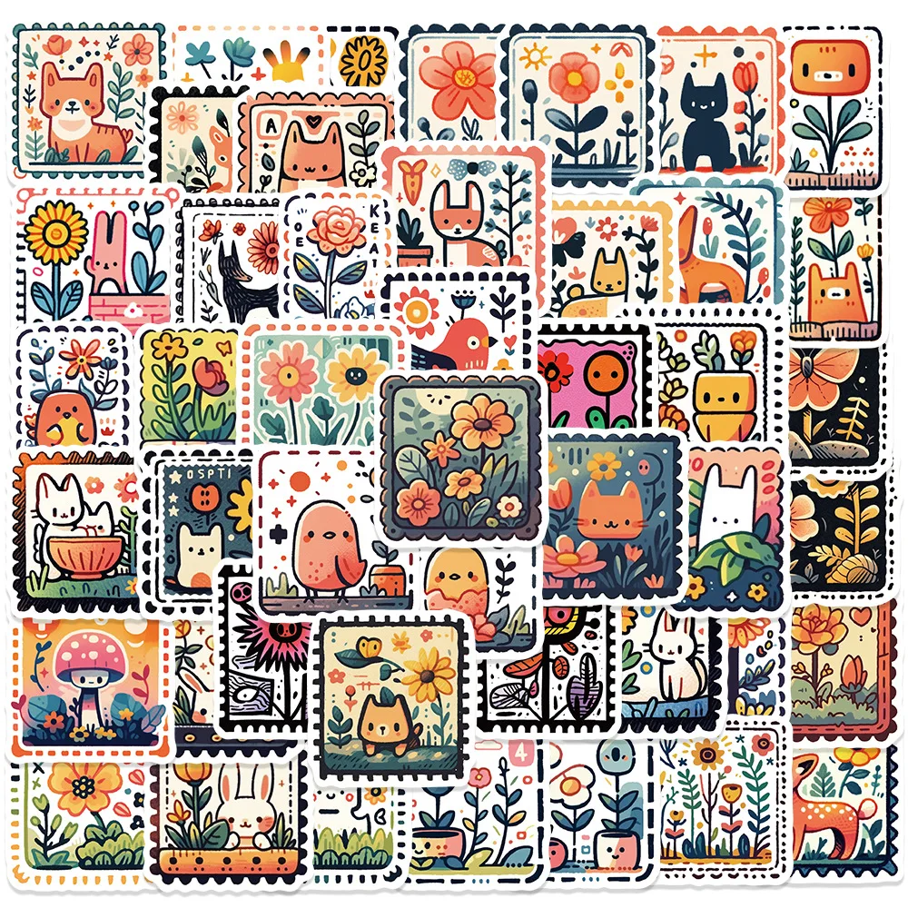 Cute Animals Retro Stamp Stickers Cartoon Graffiti Style Decorative Waterproof 50Pcs