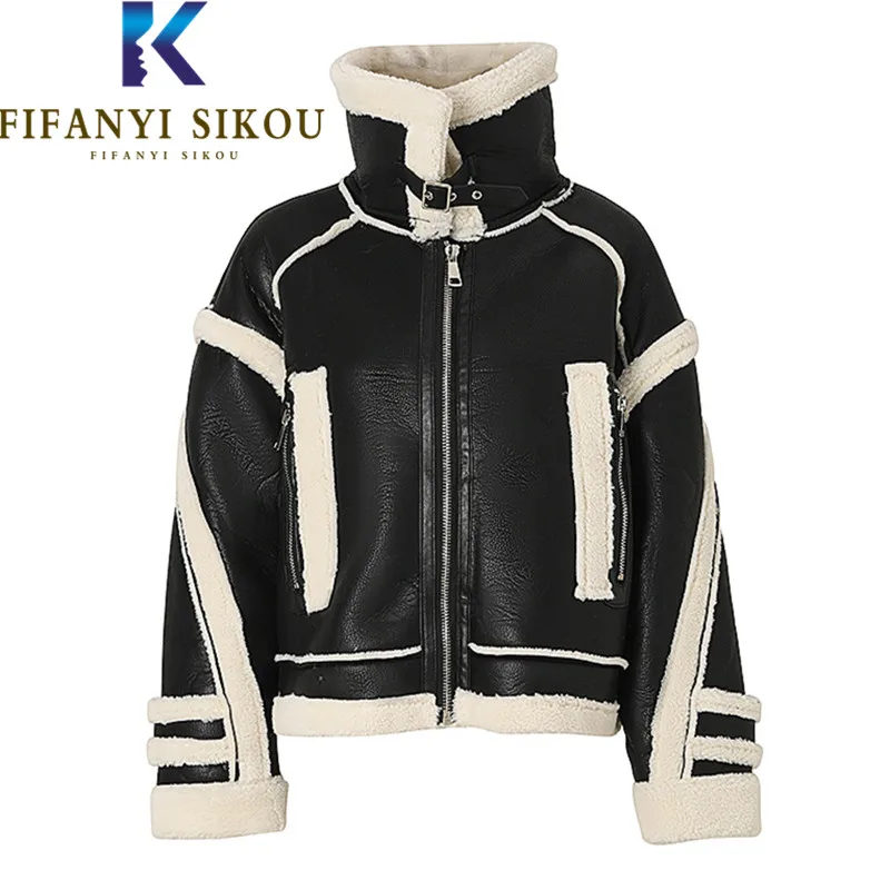 

Куртка женская черная из искусственной кожи, Толстая теплая байкерская куртка на молнии из овечьей шерсти, модная Байкерская одежда свободного покроя