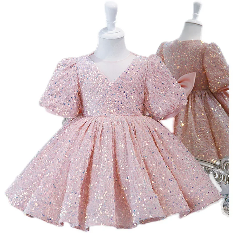 Flower Girls dresses Children's party dress For Prom Baby Infant Gowns Pink Birthday Kids sequins ceremony Evening Ball dress