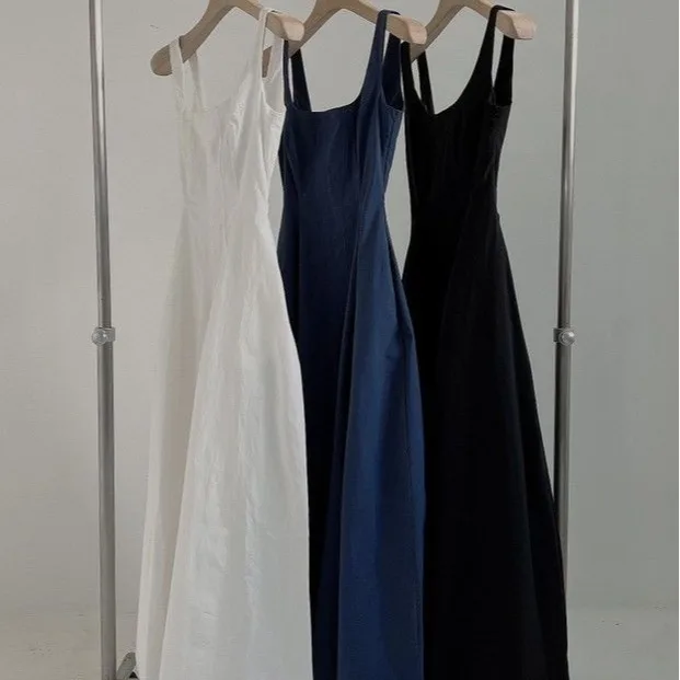 

2024 New Korean Edition Waist Slimming and Elegant Elegance Simple Sleeveless Mid Length Dress Fashionable Strap Dress for Women
