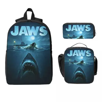 3Pcs Jaws Th Anniversary Backpack Set for Children Pen Bags Bookbag Sets with Lunch Box For School Students Knapsack 1