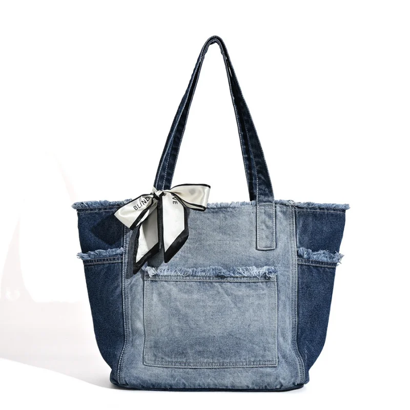 Large Capacity Washable Denim Tote Bag for College Students Class Simple Versatile Lazy Style Crossbody Bag