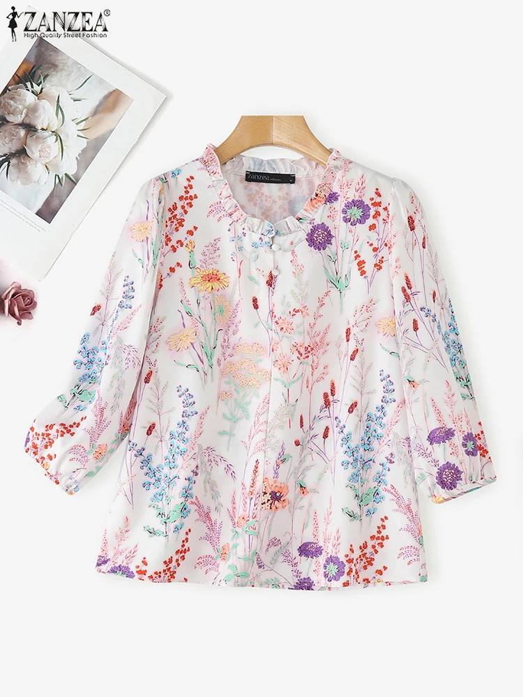 Women Floral Print Bohemian Blouse 3/4 Puff Sleeve Casual Top