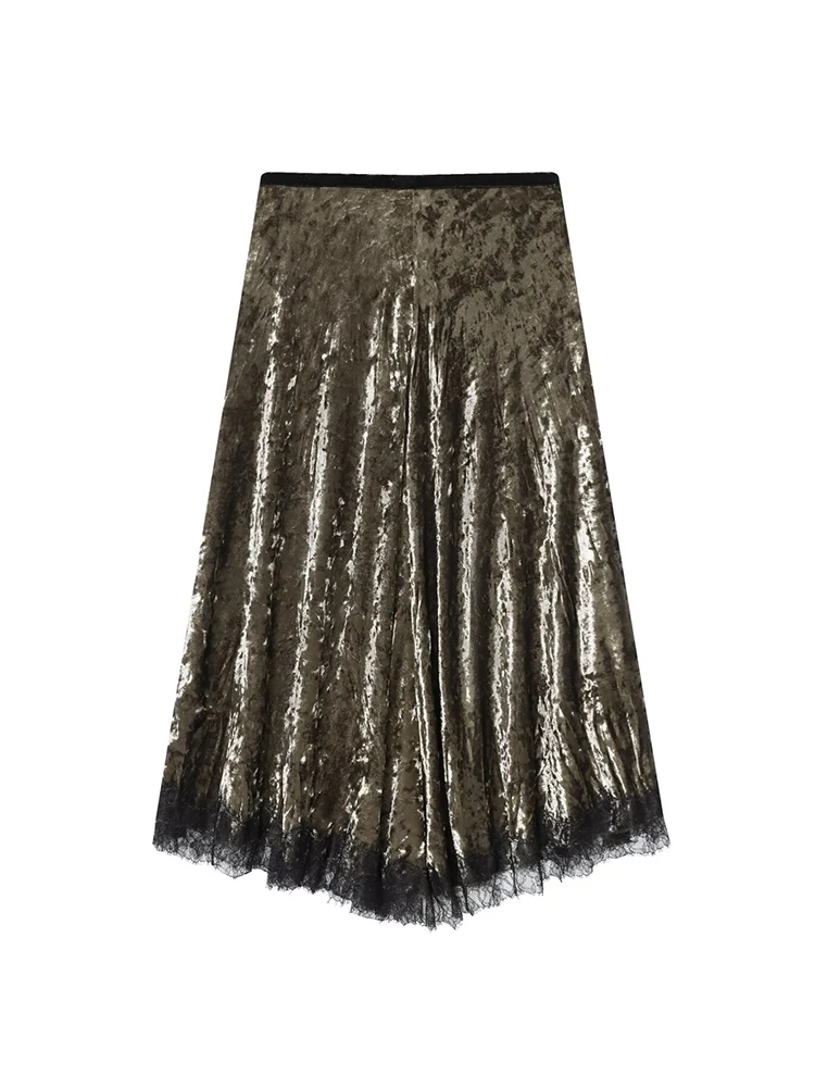 TFMLN Elegant Velvet Midi Skirts For Women Solid Lace Hem Splicd New High Waist Long Skirt Casual Streetwear Chic Lady Skirts