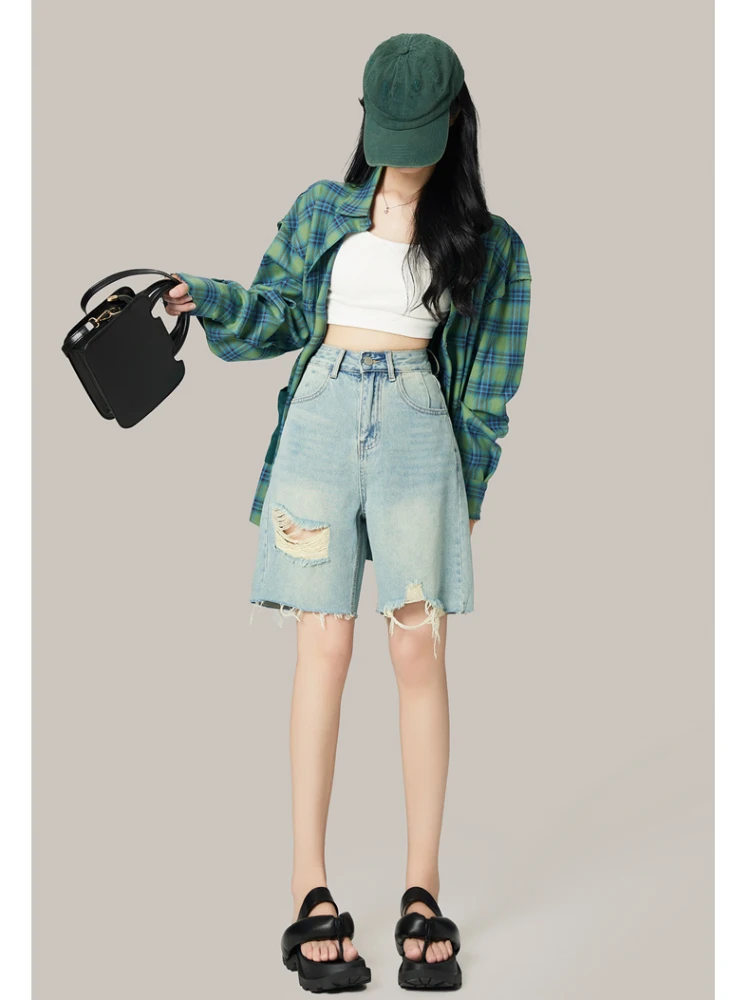 Cropped Denim Shorts Women's Gradient Blue Fashion Loose Spring Summer New High Waist Casual All-Match Wide Leg Mid-Length Thin