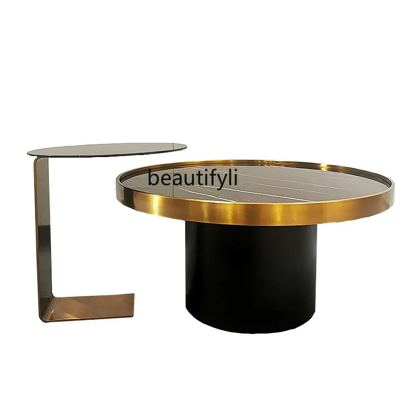 

Stainless Steel round Tea Table Combination Living Room Tempered Glass Tea Table Natural Stone Plate Small Coffee Table
