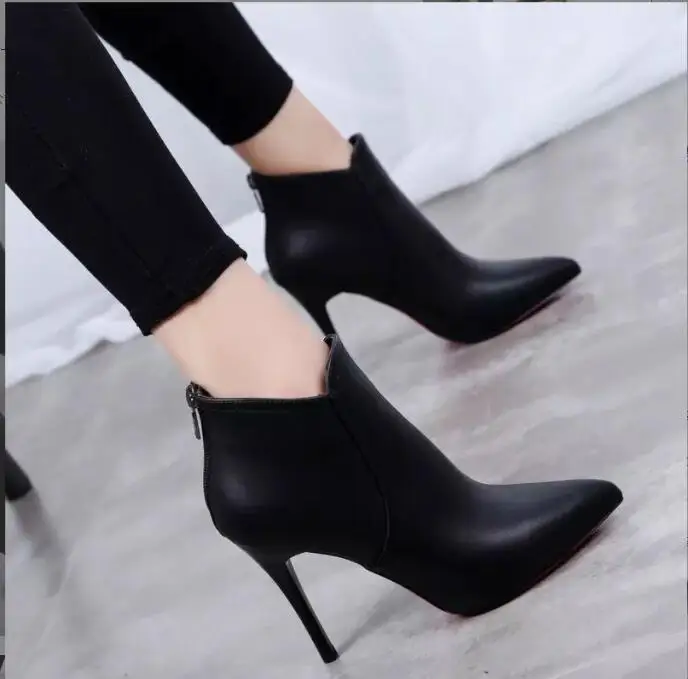 New Women Boots Ankle PU Leather Boots High Heels Autumn Shoes Black Winter Boots Fine with high heels Pointed Toe Shoes Large