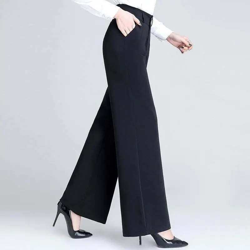 Women's Solid Color Button Wide Leg Pants Autumn Winter High Waited Loose Pockets Bright Line Decoration Office Lady Trousers