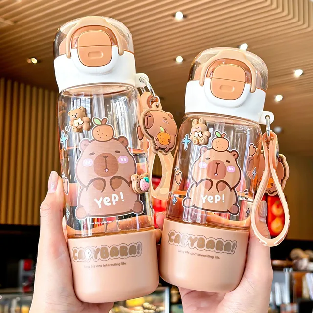 Portable Spring Lid Drink Cup With Straw Capybara Creative Cartoon Drinkware Double Opening Plastic Kids Capybara Bottle Gift