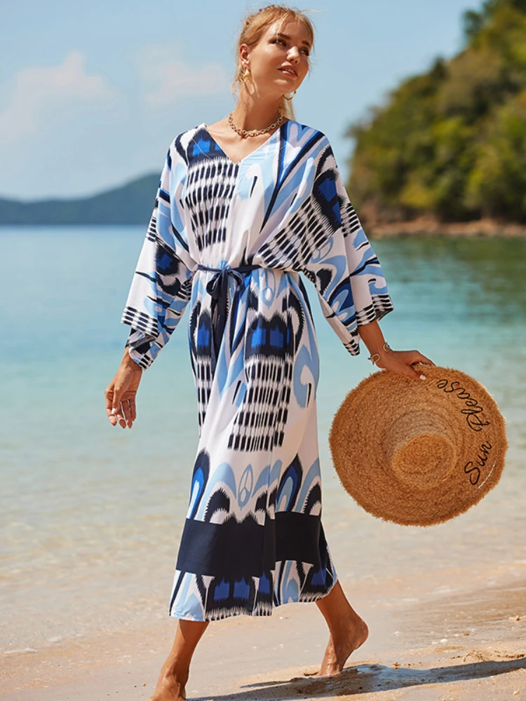 

Beach Cover Ups for Swimwear Women 2022 Blue Kaftans Long Sleeve Maxi Bohemian Dresses Holiday Bathing Suits Pareo Plate