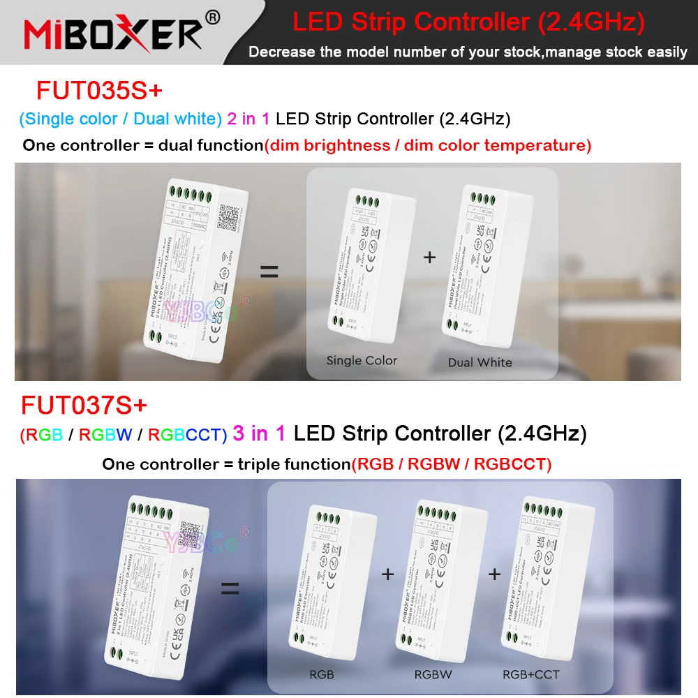 Miboxer FUT035S+ Single Color Dual White FUT037S+ RGB RGBW RGBCCT 2.4G LED Strip Controller 12V 24V 2/3 in 1 Lights tape Dimmer 5v 12v 24v led strip lights smd2835 cct led strips dual color warm white cool white 2700 6500k high density led tape room decor