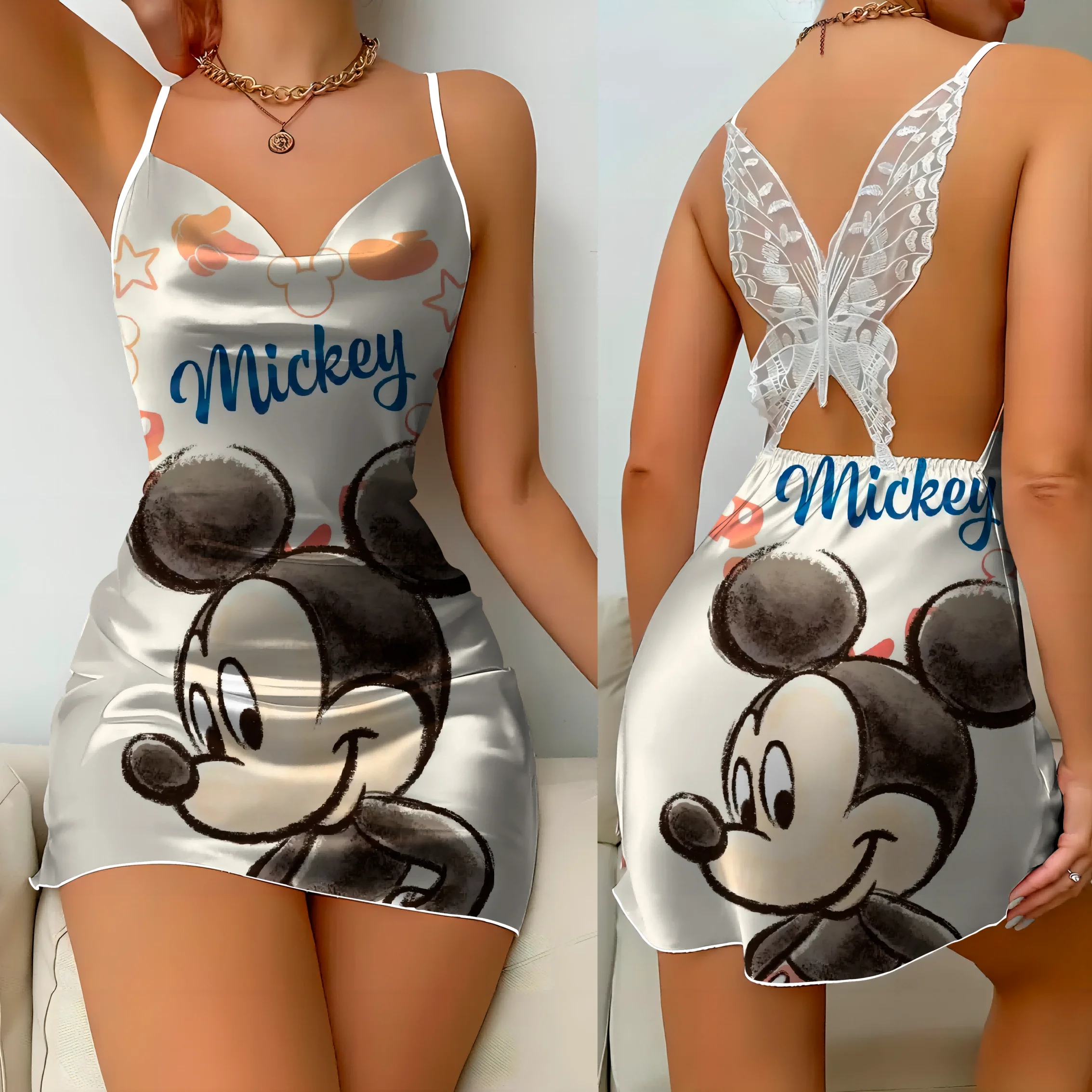 Mini Dress Pajama Skirt Bow Knot Party Dresses Satin Surface Minnie Mouse Disney Mickey Womens Fashion Summer 2024 Elegant Women 6