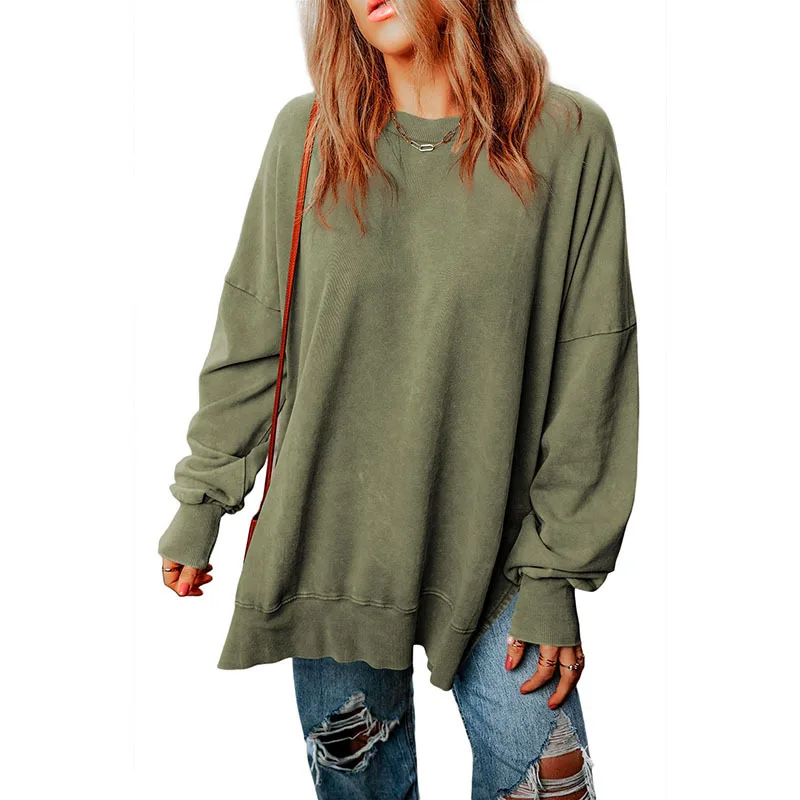 Women's Monochromatic Round Neck Pullover, Casual Hoodie Top, Loose Long Sleeve Sweatshirt, Make Old Blouse, Autumn Fashion, New