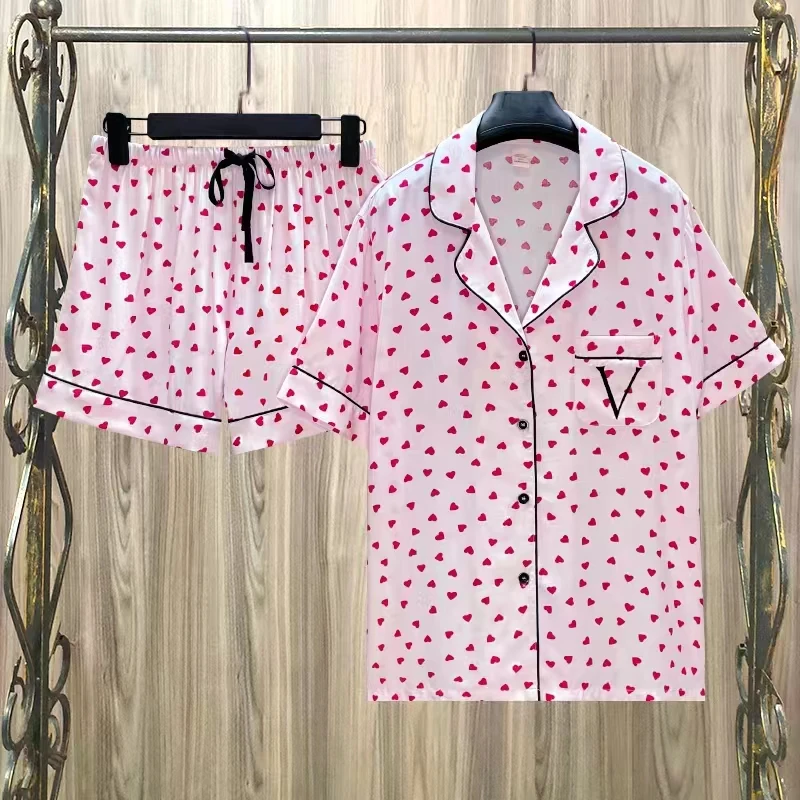 Pajamas for Women Victorian Era Summer Love Print cotton Pajama Sets for Women Cute Shorts Cardigan Women's Pajamas Sleepwear