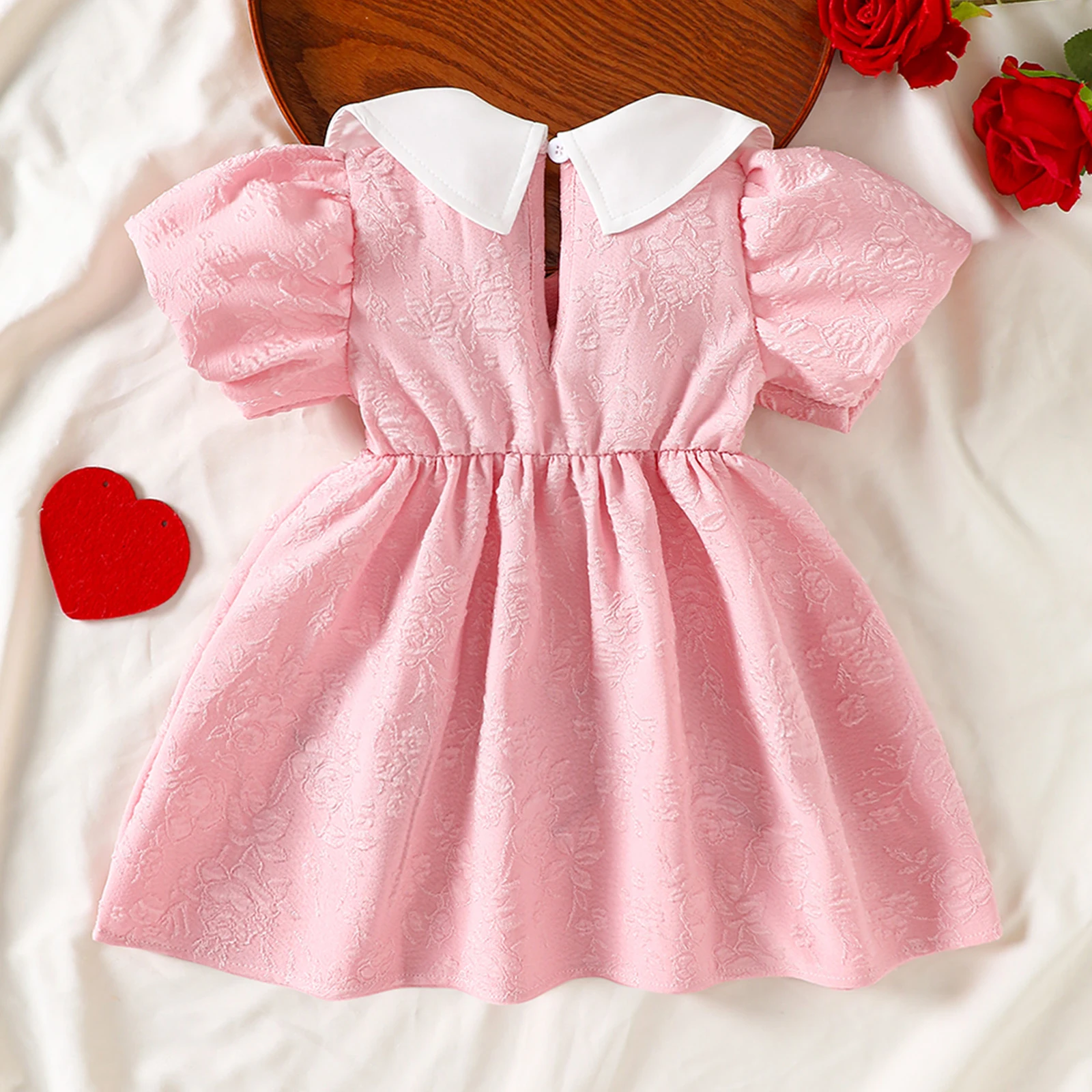 Summer Kids Toddler Girl A Line Dress Short Puff Sleeve Doll Collar Heart Embroidery Dress Clothes 3