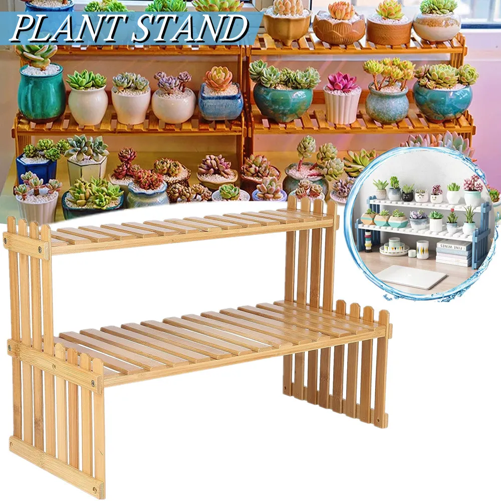 Bamboe 2-laags plantenstandaard in picketrek-stijl met vetplanten