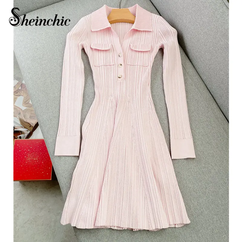 

Pink Knitted Dresses Women 2023 Spring Elegant Long Sleeve Short Sweater Dress Korean Fashion Clothing