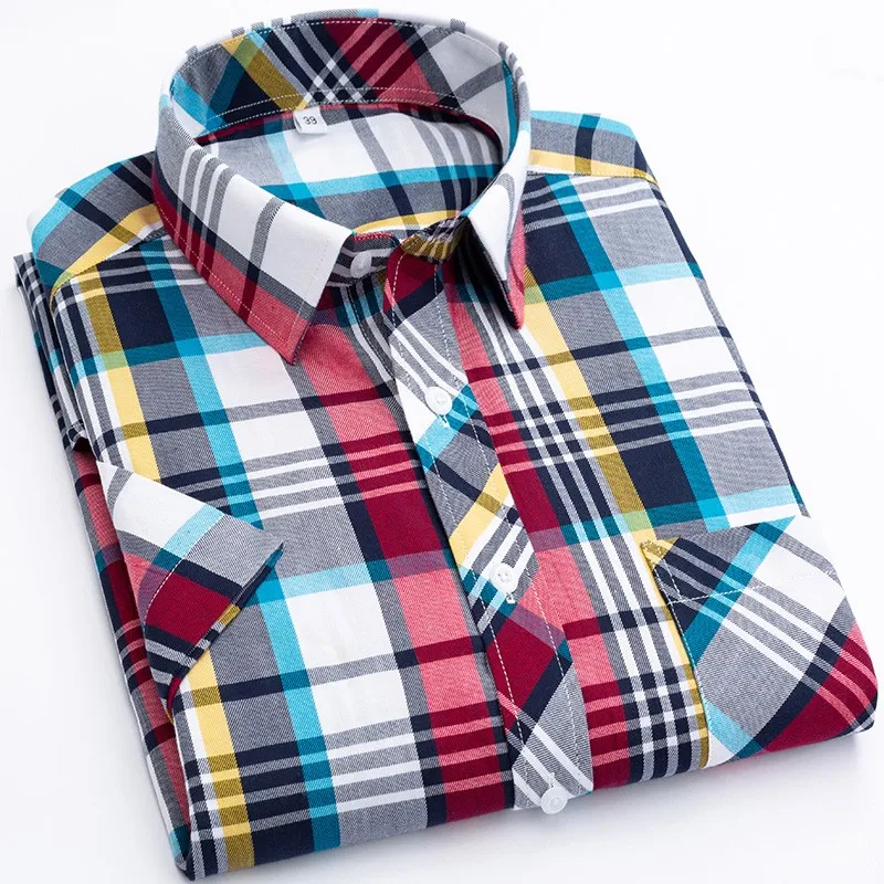 S-8XL Summer Cotton Fashion Plaid Shirts For Men's Short Sleeve Single Patch Pocket Simple Design Casual Standard-Fit Shirts