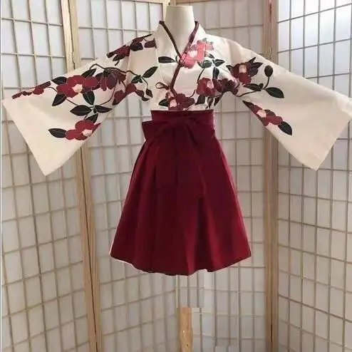 Kimono Sakura Girl Japanese Style Floral Print Vintage Dress Woman Oriental Camellia Love Costume Haori Yukata Asian Clothes