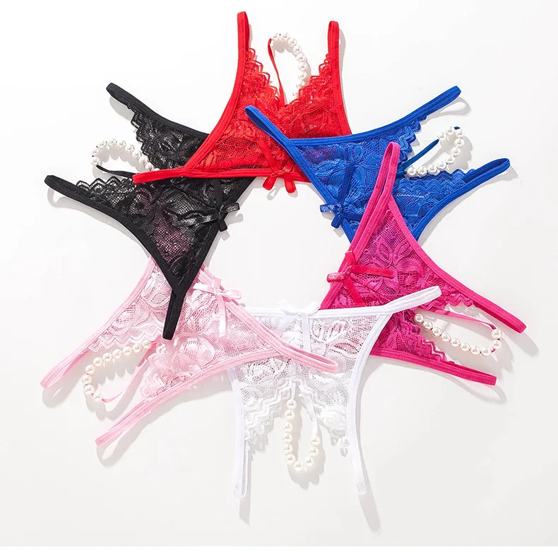 New Women Sexy Lingerie Open Crotch Pearl Underwear Lady Crotchless Lace Panties With Bow Briefs Temptation Exotic Panties Black