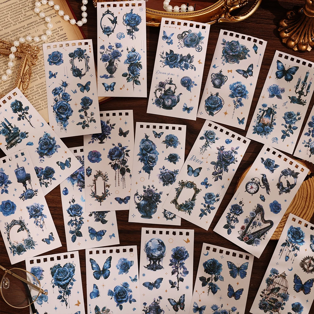Vintage Rose and Butterfly Scrapbooking Sticker Book - 50 Sheets Aesthetic PET and Washi Stickers