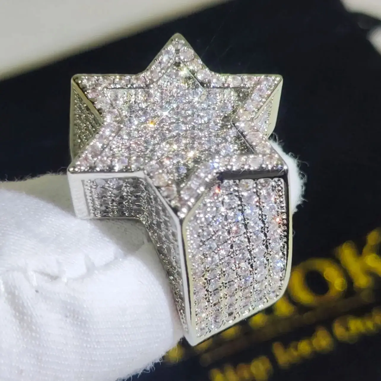 Silver Color Hexagram Star Ring Iced out Cubic Zirconia Punk Band