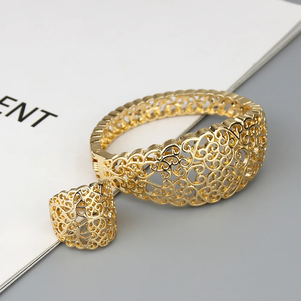 Sunspicems Gold Farbe Arabisch Hohl Armreif Ring Sets für Frauen Marokkanischen Hochzeit Schmuck Algerien Manschette Armband Braut Geschenk – Detail 1
