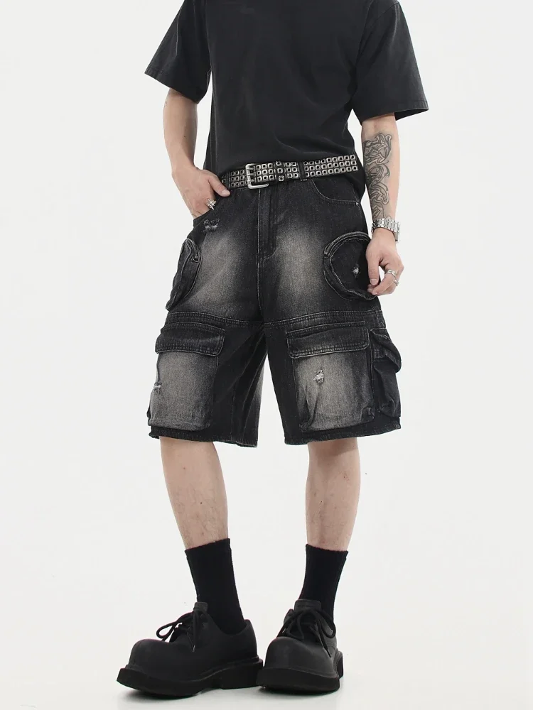 Denim Cargo Shorts Men Vintage Loose Baggy Multi-pockets Washed Streetwear Handsome Personality Summer American Fashion Hombre