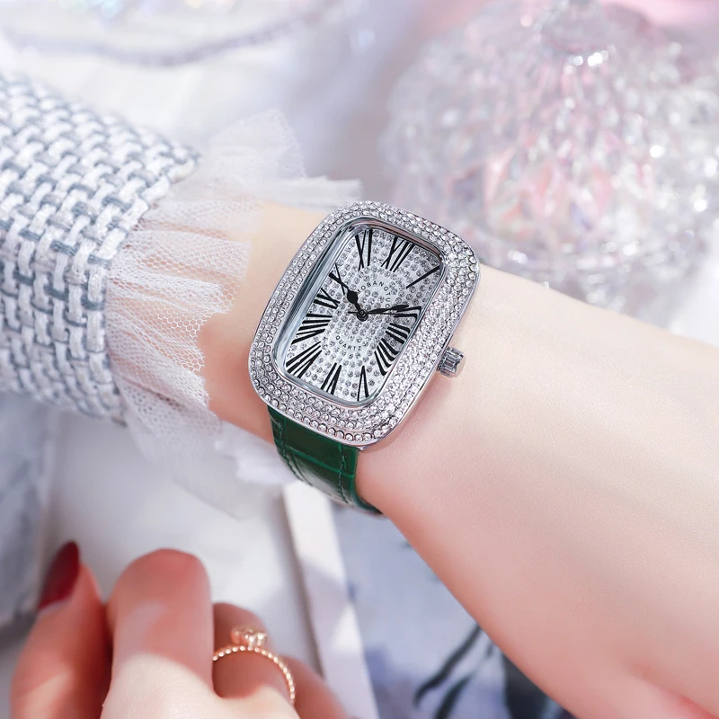 Diamond Watches Women Square Rose Gold Wrist Watches Red Leather Fashion Watches Ladies Quartz Clock Montre Femme