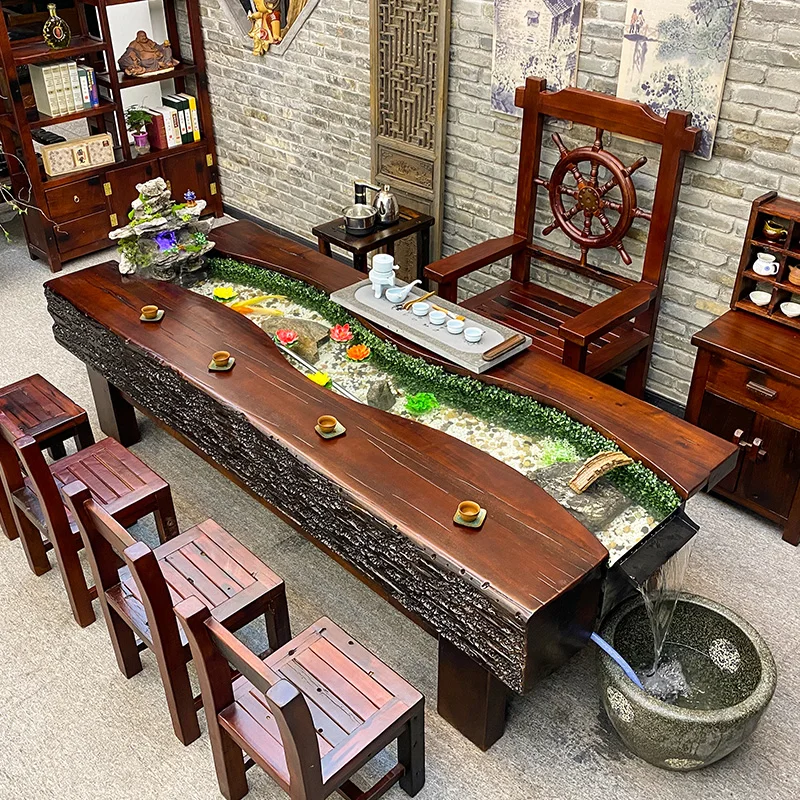 

Old Ship Wood Table-Chair Set Landscape Fish Farming Tea Table 2020 Solid Wood Kung Fu Tea Table