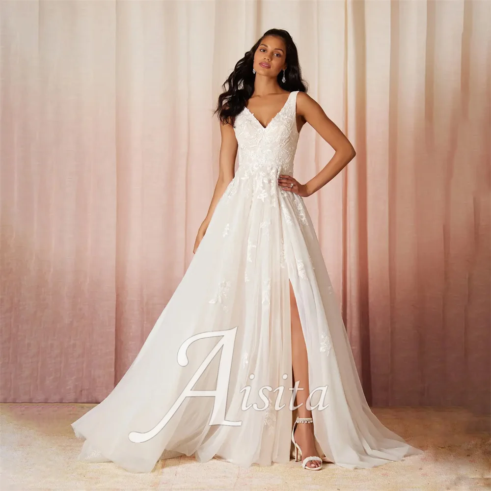 

Elegant A-Line Wedding Dress V Neck Vintage Bride Dresses Pleated Sequins Lace Chapel Train Wedding Dresses Vestidos Dresses
