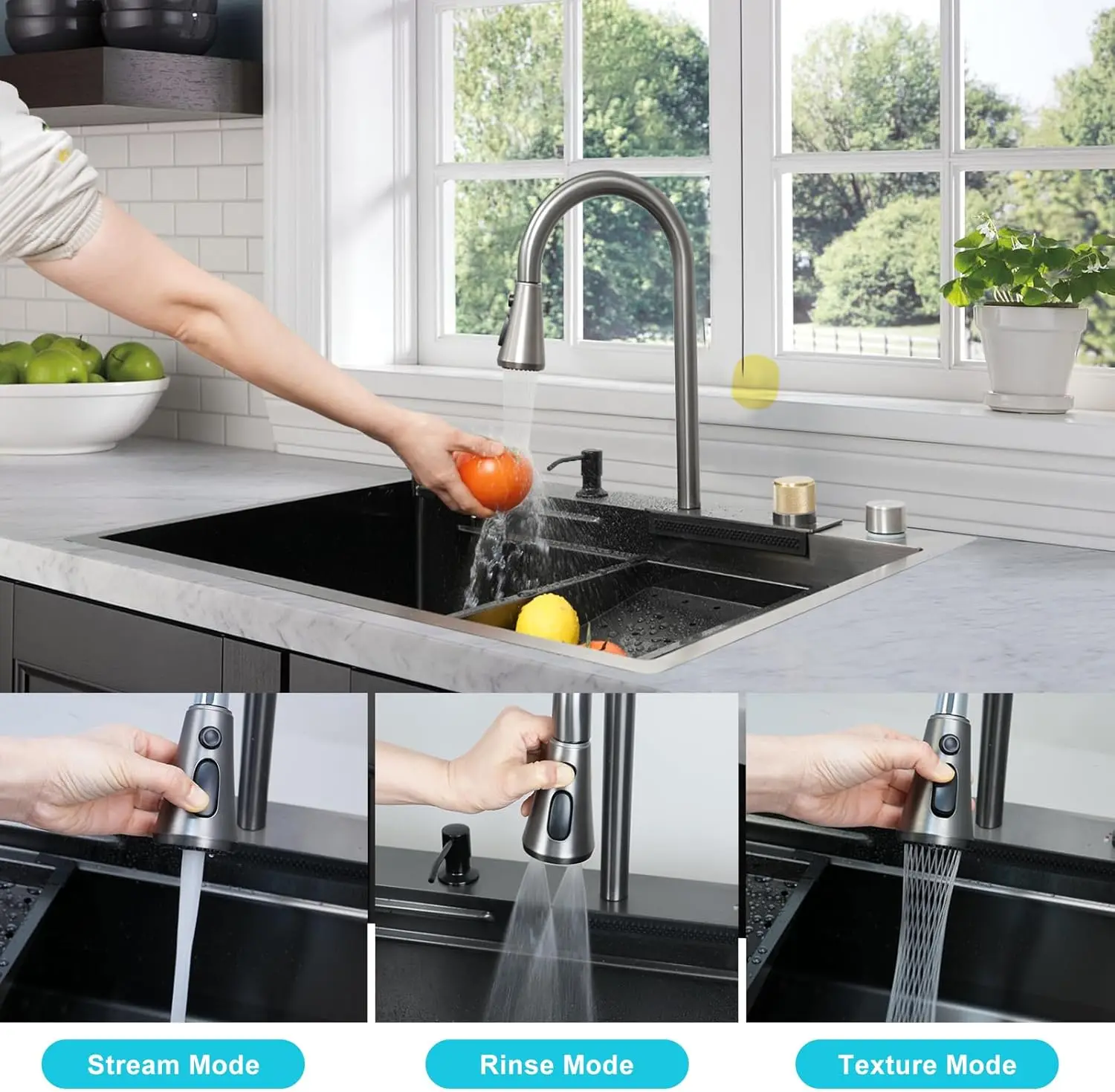 Waterfall Kitchen Sink,33x22 Single Bowl Stainless Steel Kitchen Sink, Drop-in Kitchen Sink With Multifunction Pull-out Faucet 5