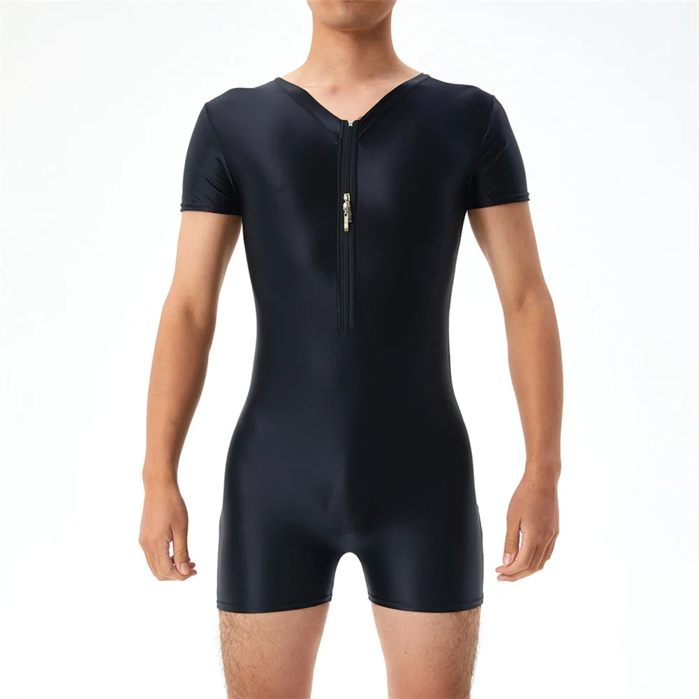 

Sexy Men Oil Glossy Bodysuit Leotard Gym Tight Swimwear Oversized Silky Elastic Jumpsuit Ultra-thin Transparent Erotic Lingerie