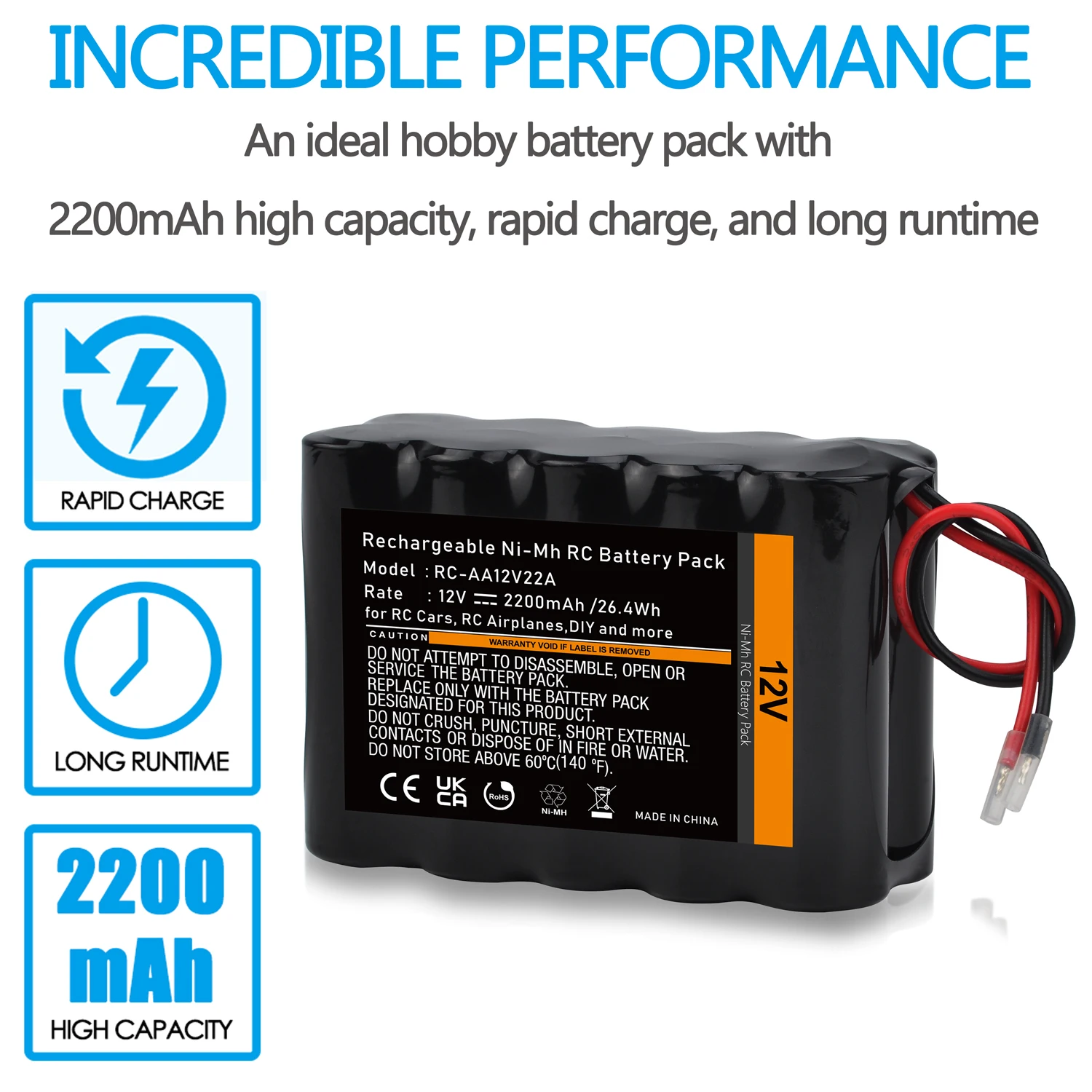 Batterie rechargeable NiMH 12V 2200mAh pour RC, tenue en main pour échelle de taille.