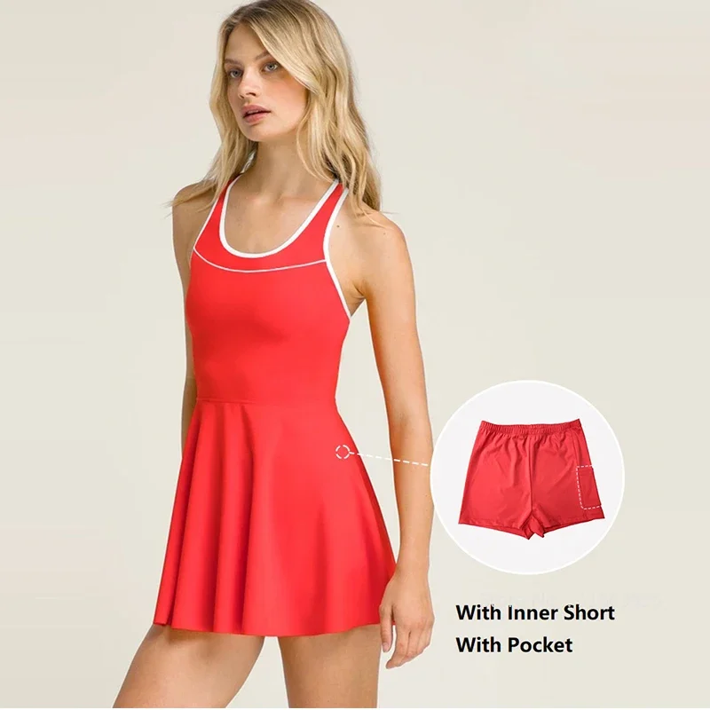 Women One-piece Tennis Dress Round Neck Racerback Dresses with Inner Separate Shorts Pockets Sleevesless Sports Skorts XS-XL