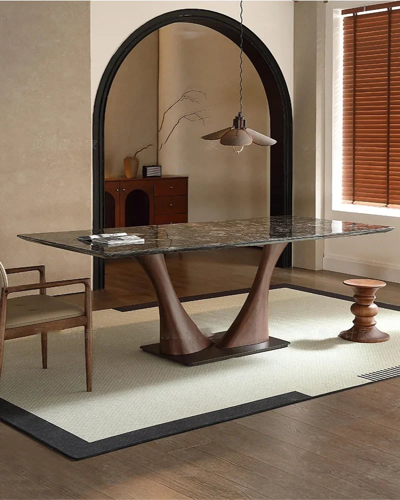 Dining table high-end marble solid wood walnut color Italian minimalist household rectangular dining table
