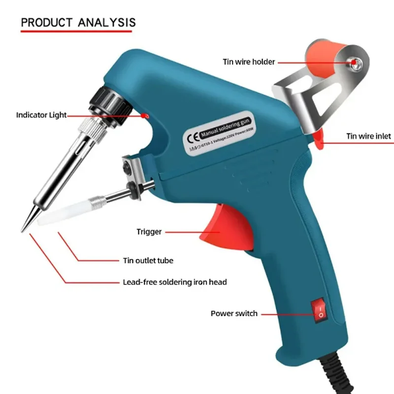 60W Soldering Iron Endothermic Handheld Gun Tongs Heated Household Repair Internal Tool Welding Repair Manual Tin Dispensing soldering iron