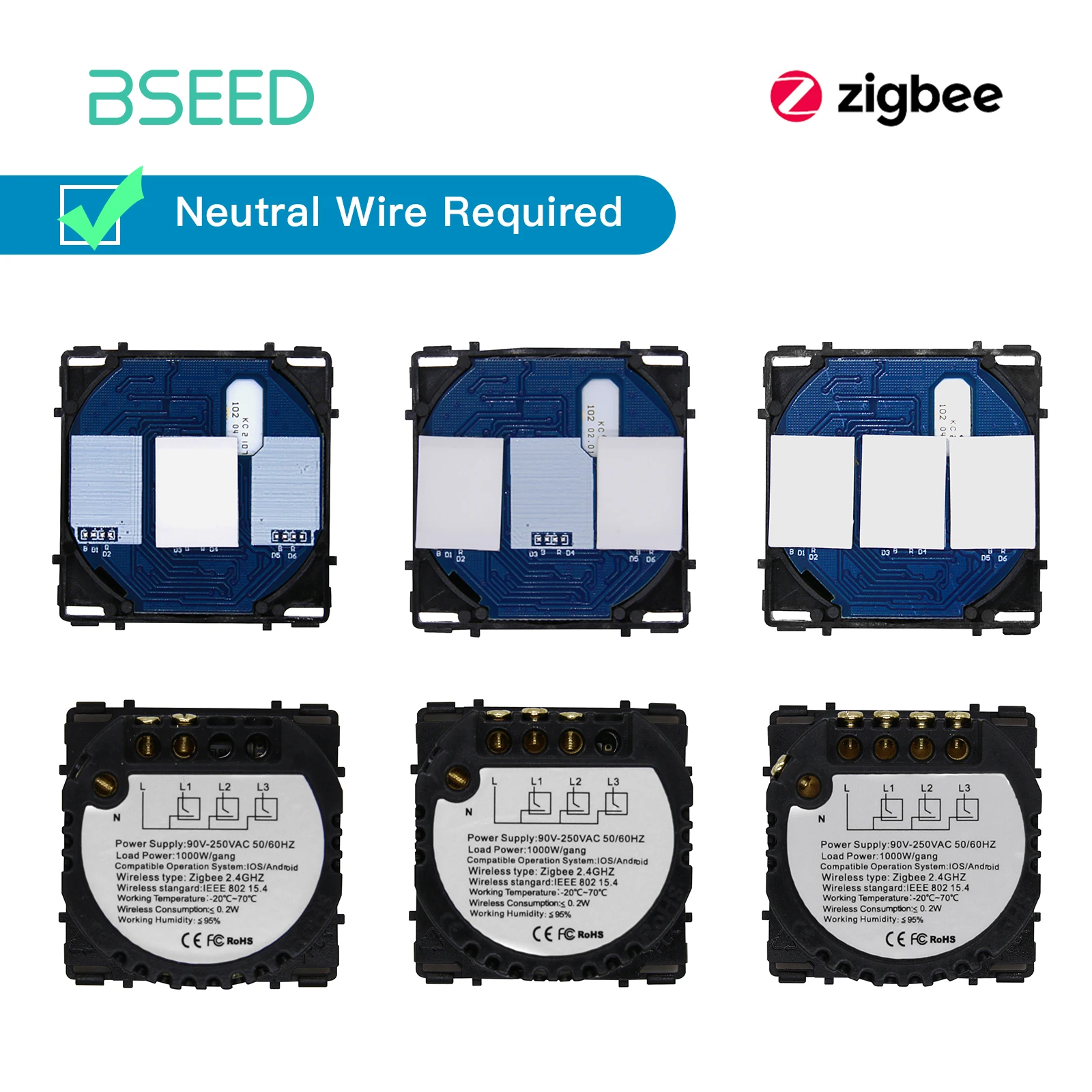 BSEED Zigbee Switches 1/2/3Gang 1/2/3Way Touch สมาร์ทสวิทช์ไฟฟังก์ชั่น Part สมาร์ท Tuya Alexa ควบคุมไม่มีแก้ว Neutral 1